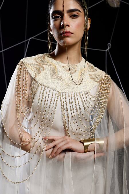 Eclat By Prerika Jalan_Ivory Organza, Muslin, Silk Pearls, Noose Fringe Embellished Cape With Dress _Online_at_Aza_Fashions