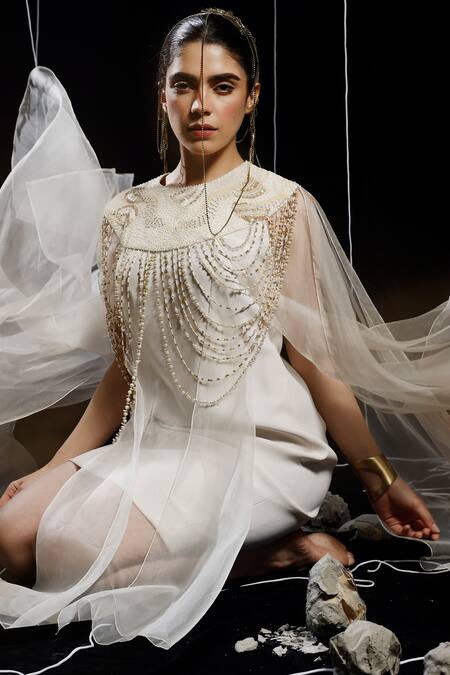 Shop_Eclat By Prerika Jalan_Ivory Organza, Muslin, Silk Pearls, Noose Fringe Embellished Cape With Dress _Online_at_Aza_Fashions