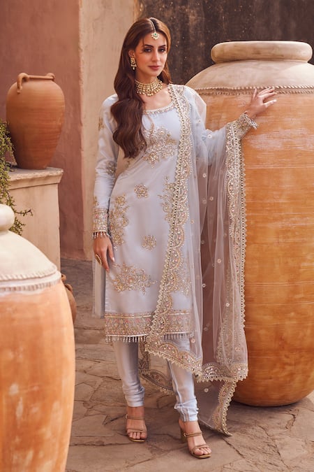 Buy_Lashkaraa_Blue Net, Satin Sequins, Zari Round Neck Floral Vine Embroidered Kurta Set _Online_at_Aza_Fashions