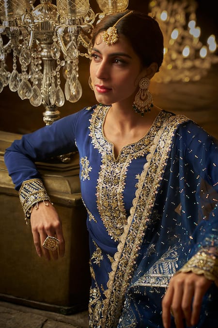 Buy_Lashkaraa_Navy Crepe, Silk Sequins, Zari Botanic Embroidered Kurta Set_Online_at_Aza_Fashions