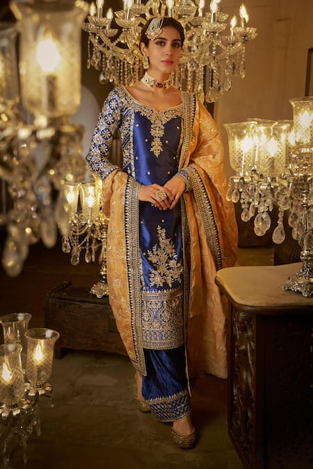 LASHKARAA Blue Satin Embroidered Zari V-neck Blossom Thread Kurta Pant Set