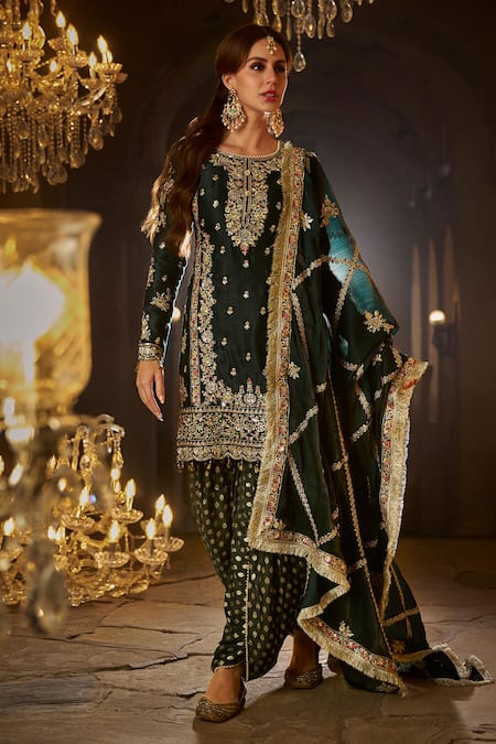Shop Lashkaraa Green Silk, Satin, Brocade Zari, Sequins, Embroidery Floral Jaali Kurta Set Online at Aza Fashions Shop_Lashkaraa_Green Silk, Satin, Brocade Zari, Sequins, Embroidery Floral Jaali Kurta Set _Online_at_Aza_Fashions