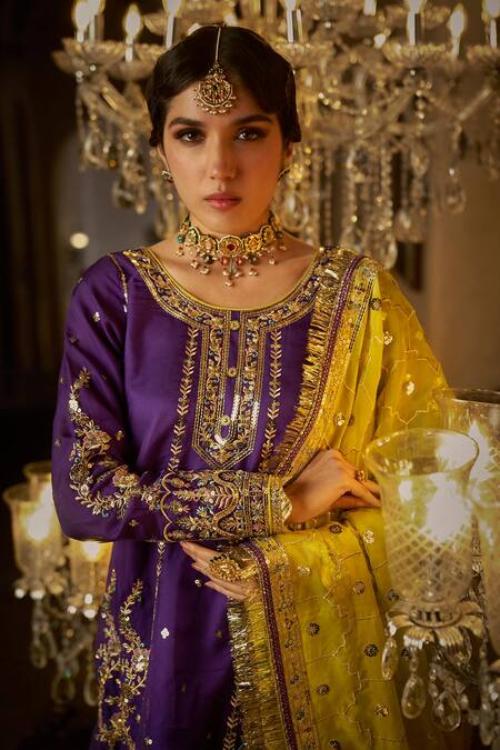 Buy_Lashkaraa_Purple Organza, Satin Sequins, Zari Embroidered Kurta Set With Contrast Dupatta_Online_at_Aza_Fashions