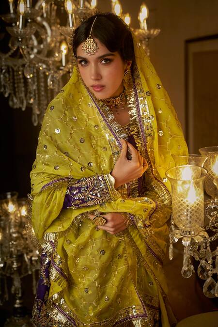 Shop_Lashkaraa_Purple Organza, Satin Sequins, Zari Embroidered Kurta Set With Contrast Dupatta_Online_at_Aza_Fashions