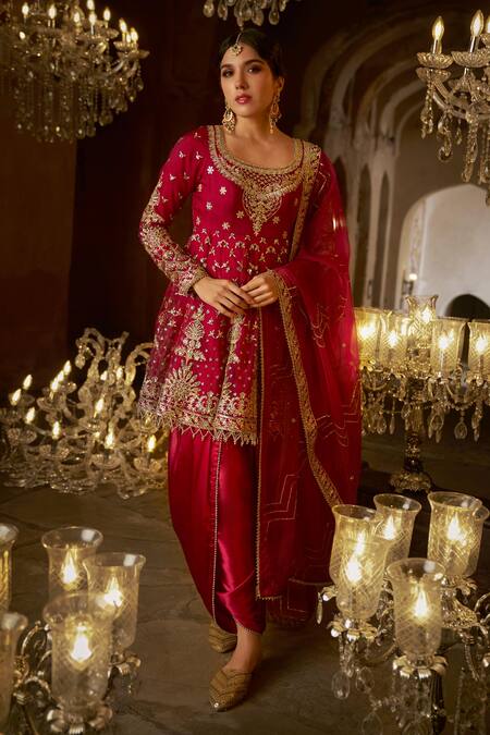 Shop_Lashkaraa_Wine Organza, Satin Beads, Sequins, Zari Thread Embroidered Peplum Kurta Set_Online_at_Aza_Fashions