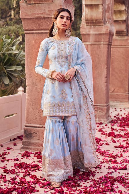 LASHKARAA Blue Organza Embroidered Sequin Round Zari Flower Kurta Gharara Set 