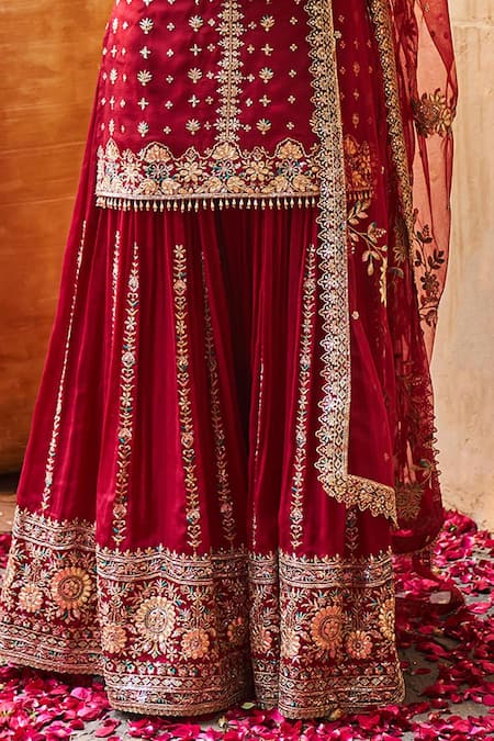 Buy_Lashkaraa_Maroon Silk, Net Sequins, Beads, Zari V-neck Embroidered Kurta Gharara Set _Online_at_Aza_Fashions