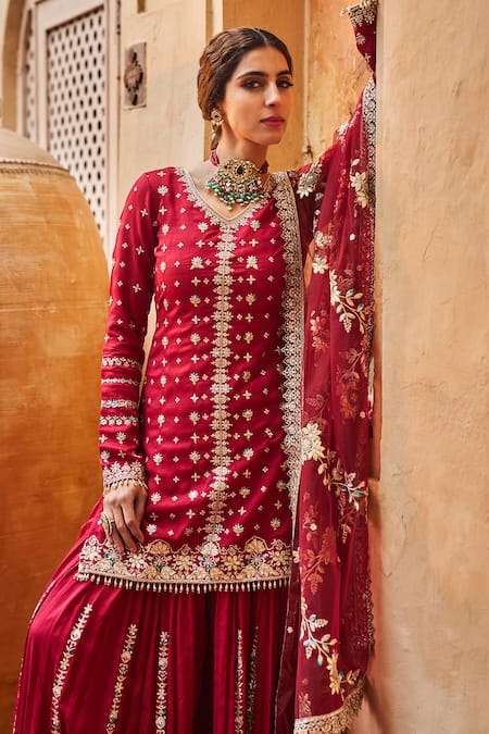 Shop_Lashkaraa_Maroon Silk, Net Sequins, Beads, Zari V-neck Embroidered Kurta Gharara Set _Online_at_Aza_Fashions
