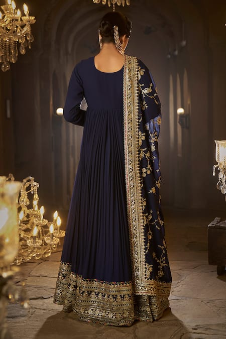 Lashkaraa_Blue Georgette Embroidery, Zari, Sequins Round Neck Placement Anarkali Set _Online_at_Aza_Fashions