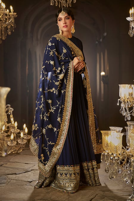 Buy_Lashkaraa_Blue Georgette Embroidery, Zari, Sequins Round Neck Placement Anarkali Set _Online_at_Aza_Fashions
