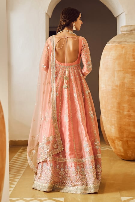 Shop Lashkaraa Peach Organza, Net Sequins, Embroidery, Zari Square Neck Floral Anarkali Set at Aza Fashions Shop_Lashkaraa_Peach Organza, Net Sequins, Embroidery, Zari Square Neck Floral Anarkali Set_at_Aza_Fashions