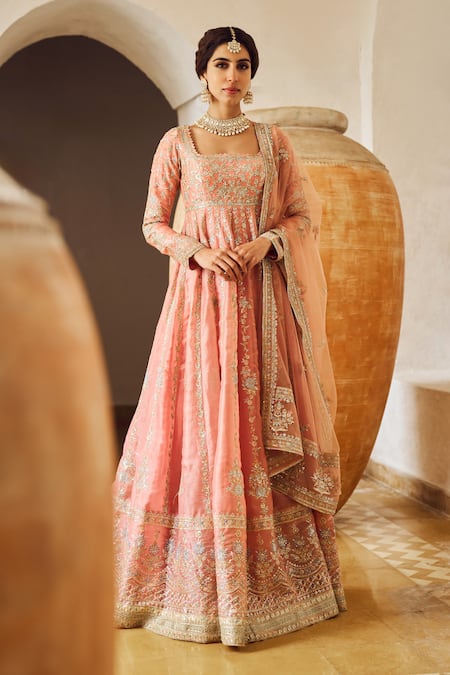 Lashkaraa Peach Organza, Net Sequins, Embroidery, Zari Square Neck Floral Anarkali Set Online at Aza Fashions Lashkaraa_Peach Organza, Net Sequins, Embroidery, Zari Square Neck Floral Anarkali Set_Online_at_Aza_Fashions