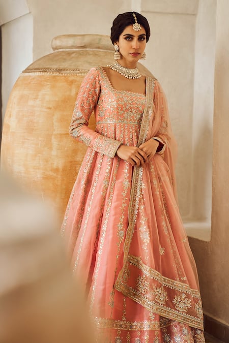 Buy Lashkaraa Peach Organza, Net Sequins, Embroidery, Zari Square Neck Floral Anarkali Set Online at Aza Fashions Buy_Lashkaraa_Peach Organza, Net Sequins, Embroidery, Zari Square Neck Floral Anarkali Set_Online_at_Aza_Fashions