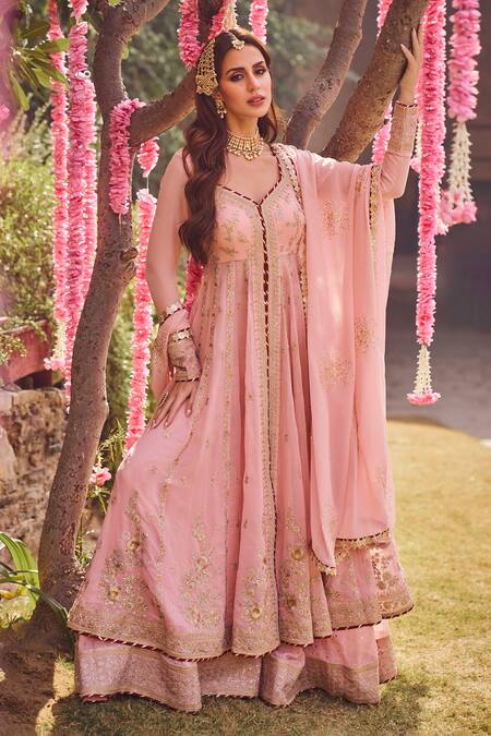 Lashkaraa_Pink Georgette Embroidery, Sequins, Zari Asymmetric Floral Vine Anarkali Set_Online_at_Aza_Fashions