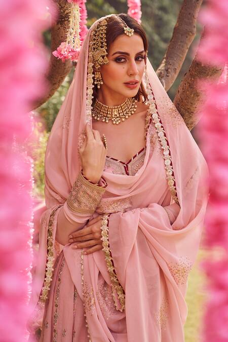 Buy_Lashkaraa_Pink Georgette Embroidery, Sequins, Zari Asymmetric Floral Vine Anarkali Set_Online_at_Aza_Fashions