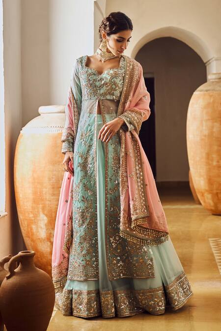 Lashkaraa_Green Organza Sequins, Embroidery, Zari Sweetheart Neck Floral Anarkali Set_Online_at_Aza_Fashions