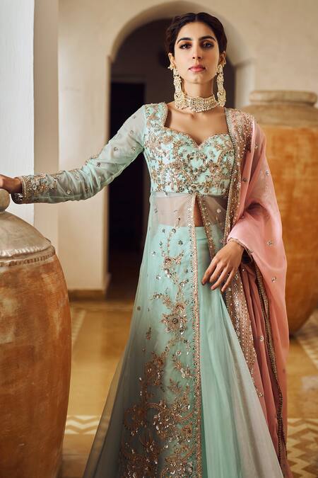 Buy_Lashkaraa_Green Organza Sequins, Embroidery, Zari Sweetheart Neck Floral Anarkali Set_Online_at_Aza_Fashions