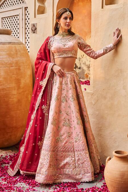Lashkaraa_Pink Silk, Georgette Sequins, Zari, Bridal Floral Bouquet Lehenga Set_Online_at_Aza_Fashions