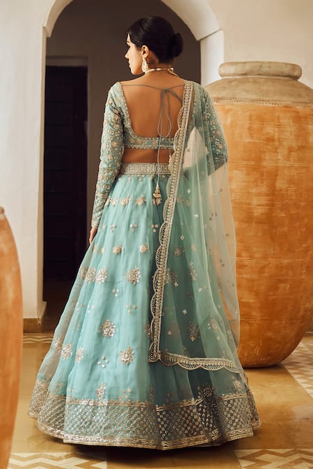 Lashkaraa_Blue Organza Sequins, Zari, Stones Scoop Neck Floral Embroidered Lehenga Set _Online_at_Aza_Fashions