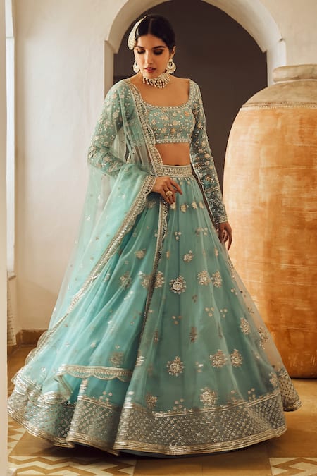 Buy_Lashkaraa_Blue Organza Sequins, Zari, Stones Scoop Neck Floral Embroidered Lehenga Set _Online_at_Aza_Fashions