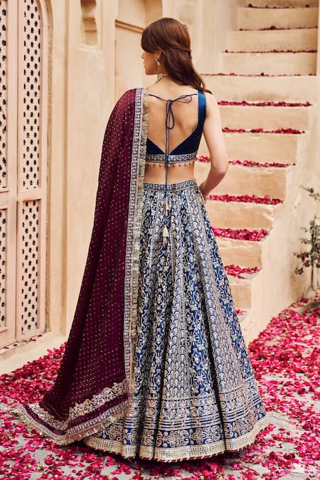 Lashkaraa_Blue Satin, Linen, Tissue Sequins, Zari V-neck Floral Embroidered Lehenga Set _Online_at_Aza_Fashions