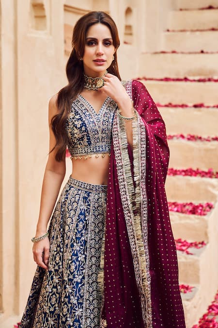 Buy_Lashkaraa_Blue Satin, Linen, Tissue Sequins, Zari V-neck Floral Embroidered Lehenga Set _Online_at_Aza_Fashions