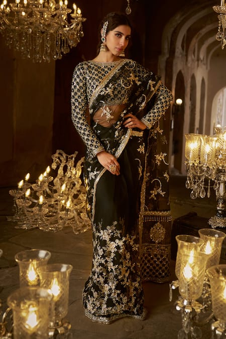 LASHKARAA Black Net Embroidery Zari Round Neck Floral Vine Pre-draped Saree With Blouse