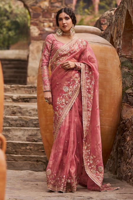LASHKARAA Pink Organza Embroidery Zari Floral Bloom Pre-draped Saree With Blouse