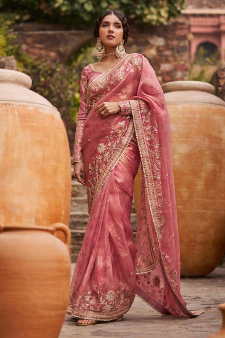 Lashkaraa Pink Organza Zari, Sequins, Stones Floral Embroidered Pre-draped Saree Set Online at Aza Fashions Lashkaraa_Pink Organza Zari, Sequins, Stones Floral Embroidered Pre-draped Saree Set_Online_at_Aza_Fashions