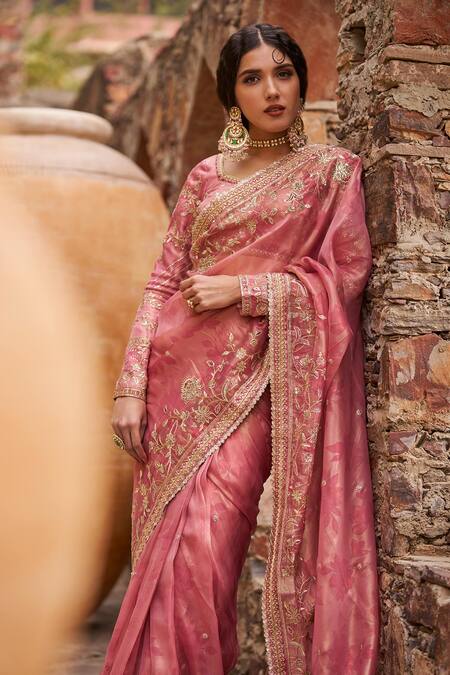 Buy Lashkaraa Pink Organza Zari, Sequins, Stones Floral Embroidered Pre-draped Saree Set Online at Aza Fashions Buy_Lashkaraa_Pink Organza Zari, Sequins, Stones Floral Embroidered Pre-draped Saree Set_Online_at_Aza_Fashions
