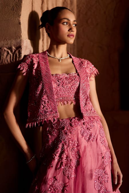 Shop Awigna Pink Net, Silk , Beads, Embroidery Tulipa Jacket Lehenga Set at Aza Fashions Shop_Awigna_Pink Net, Silk , Beads, Embroidery Tulipa Jacket Lehenga Set _at_Aza_Fashions