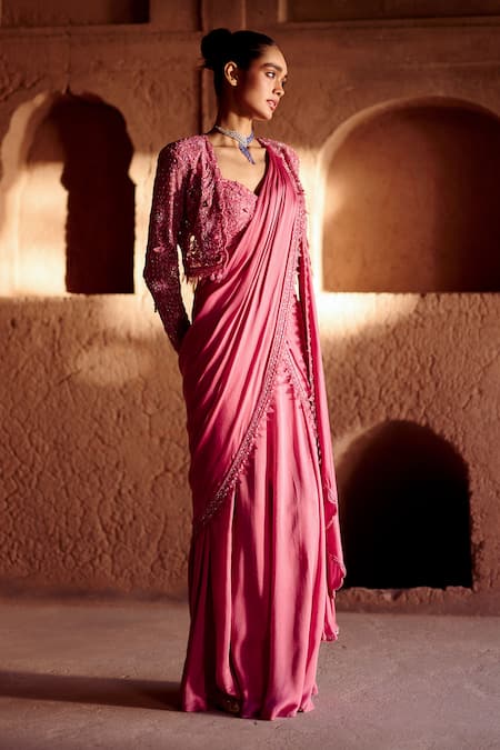Shop Awigna Pink Satin, Georgette Embroidery, Beads V-neck, Aster Pre-draped Saree Set at Aza Fashions Shop_Awigna_Pink Satin, Georgette Embroidery, Beads V-neck, Aster Pre-draped Saree Set _at_Aza_Fashions