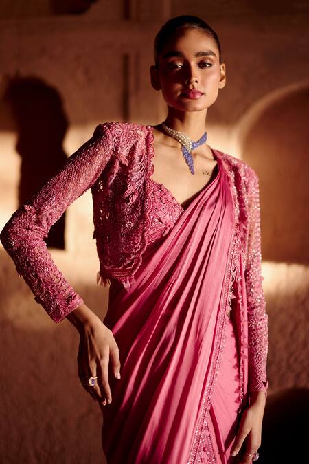Awigna Pink Satin, Georgette Embroidery, Beads V-neck, Aster Pre-draped Saree Set Online at Aza Fashions Awigna_Pink Satin, Georgette Embroidery, Beads V-neck, Aster Pre-draped Saree Set _Online_at_Aza_Fashions