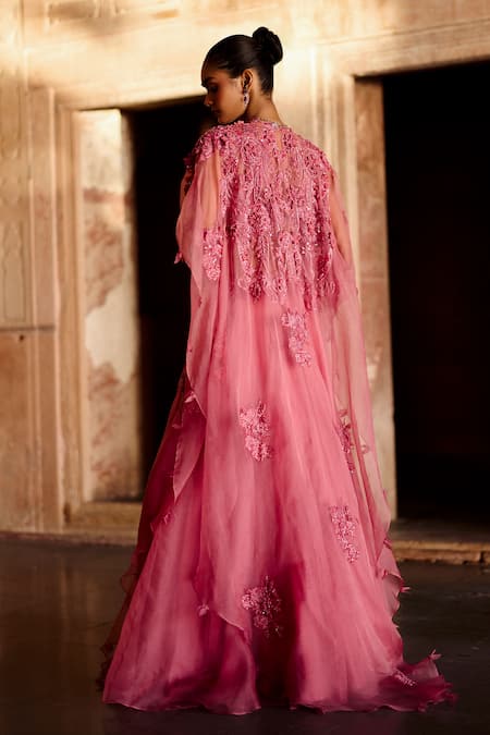 Shop_Awigna_Pink Organza, Net Beads, Embroidery Square Neck Narges Jacket Lehenga Set _at_Aza_Fashions