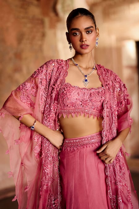 Awigna_Pink Organza, Net Beads, Embroidery Square Neck Narges Jacket Lehenga Set _Online_at_Aza_Fashions