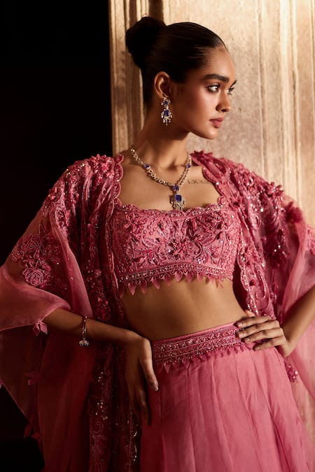 Buy_Awigna_Pink Organza, Net Beads, Embroidery Square Neck Narges Jacket Lehenga Set _Online_at_Aza_Fashions