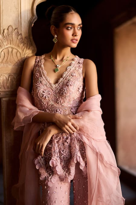 Shop_Awigna_Pink Net, Organza Embroidery, Pearls Scoop Neck Rafeeq Top Pant Set _at_Aza_Fashions