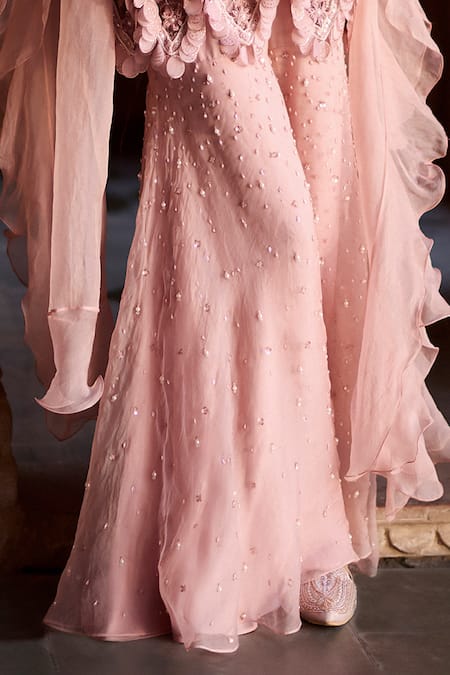 Awigna_Pink Net, Organza Embroidery, Pearls Scoop Neck Rafeeq Top Pant Set _Online_at_Aza_Fashions