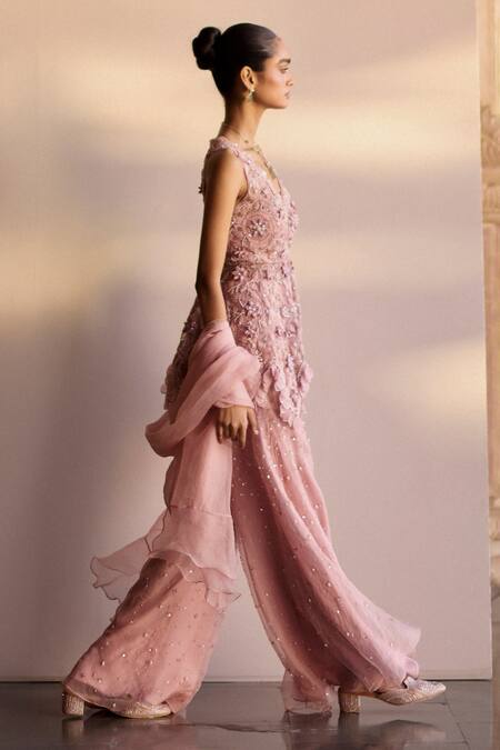 Buy_Awigna_Pink Net, Organza Embroidery, Pearls Scoop Neck Rafeeq Top Pant Set _Online_at_Aza_Fashions