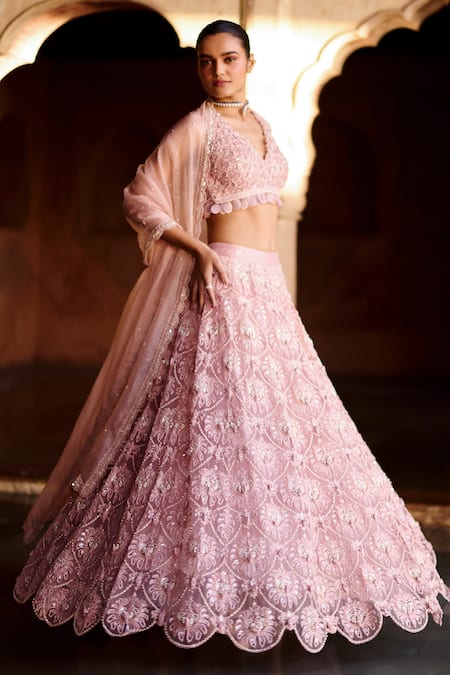 Shop_Awigna_Pink Net, Silk , Embroidery, Pearls Munir Blouse Lehenga Set _at_Aza_Fashions