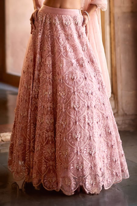 Awigna_Pink Net, Silk , Embroidery, Pearls Munir Blouse Lehenga Set _Online_at_Aza_Fashions