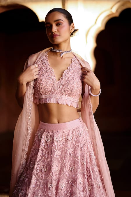 Buy_Awigna_Pink Net, Silk , Embroidery, Pearls Munir Blouse Lehenga Set _Online_at_Aza_Fashions