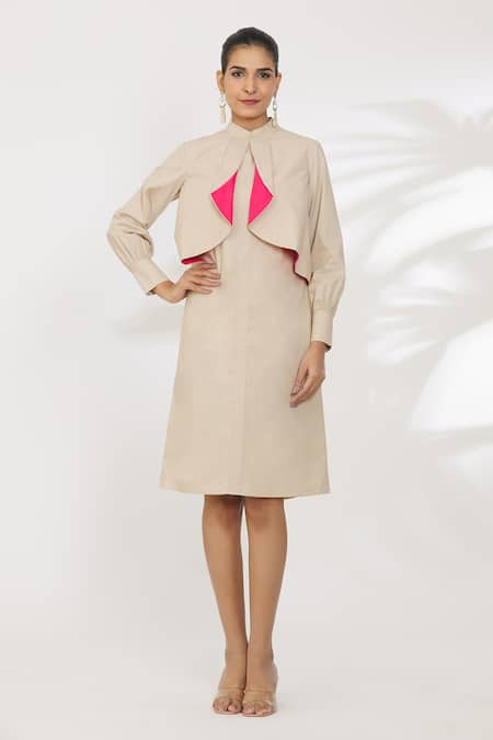 Manika Nanda Beige Plain Band Collar Ruffle Straight Cut Dress 