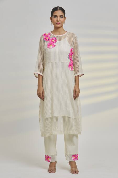 Rajat & Shraddha_White Cotton Embroidery, Applique Round Floral Work Striped Kurta And Pant Set _Online_at_Aza_Fashions