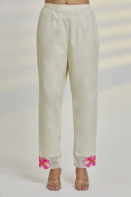 Buy_Rajat & Shraddha_White Cotton Embroidery, Applique Round Floral Work Striped Kurta And Pant Set _Online_at_Aza_Fashions