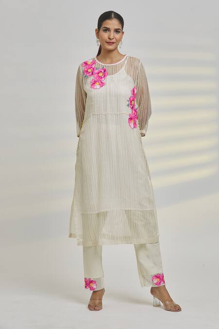Shop_Rajat & Shraddha_White Cotton Embroidery, Applique Round Floral Work Striped Kurta And Pant Set _Online_at_Aza_Fashions