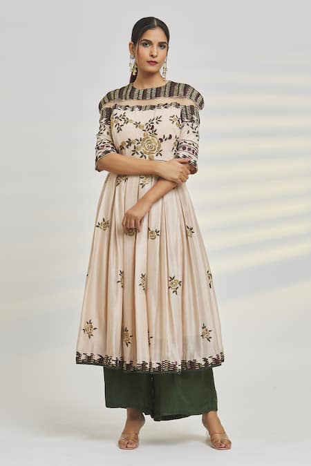 SHASHA GABA Beige Embroidered Floral Round Anarkali And Palazzo Set 