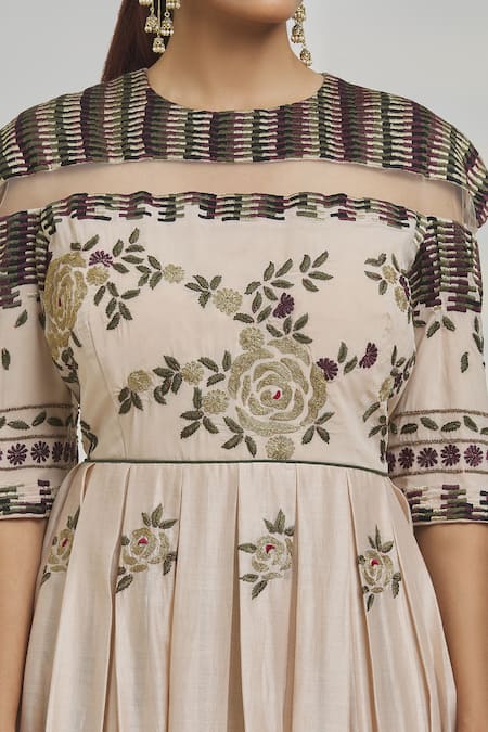 Buy_SHASHA GABA_Beige Cotton Embroidery Round Neck Floral Anarkali And Palazzo Set _Online_at_Aza_Fashions