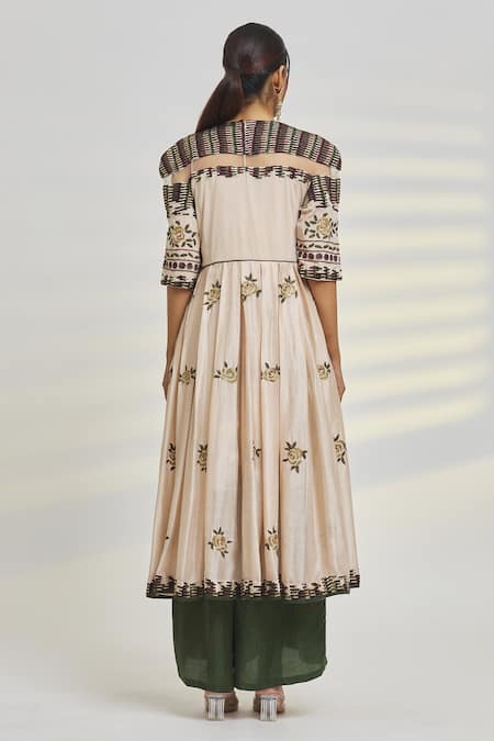 Shop_SHASHA GABA_Beige Cotton Embroidery Round Neck Floral Anarkali And Palazzo Set _at_Aza_Fashions
