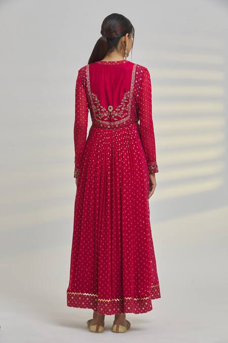 Shop_Shyam Narayan Prasad_Pink Chanderi Embroidery, Sequins Round Neck Floral Pattern Anarkali Set _at_Aza_Fashions